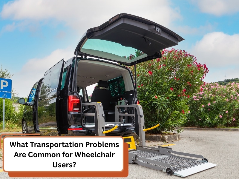 A black van with a deployed wheelchair ramp highlights transportation problems for wheelchair users accessing vehicles.