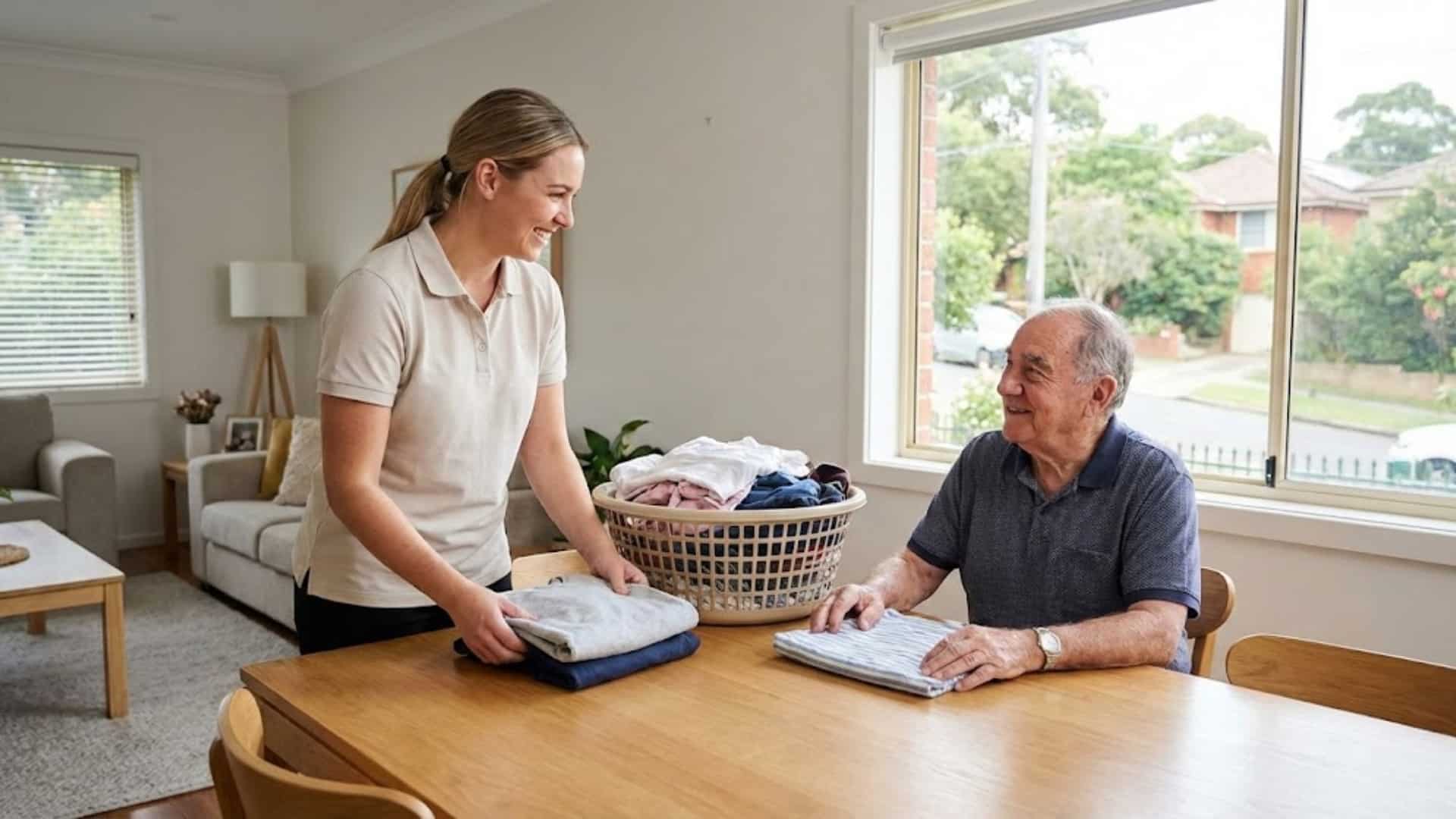 NDIS support worker assisting with everyday household chores