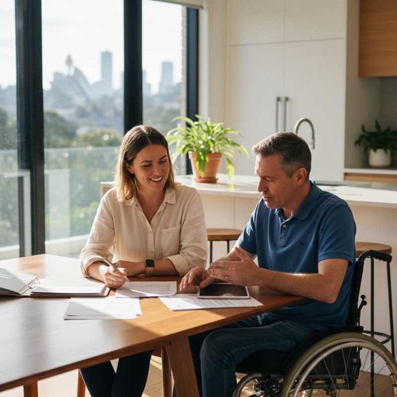NDIS provider meeting with a wheelchair user at a dining table, reviewing support documents in a modern Sydney apartment