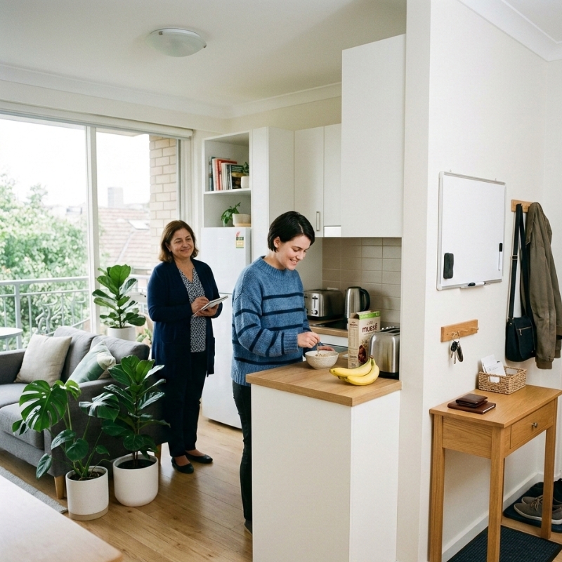 NDIS participant using a simple morning routine at home with visual cues to support independence in Sydney.