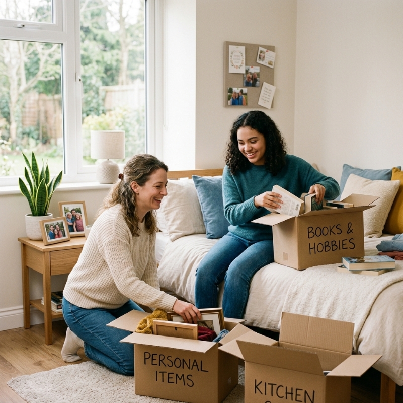 Two women unpacking boxes in bedroom during move into NDIS Accommodation with labelled personal and hobby items
