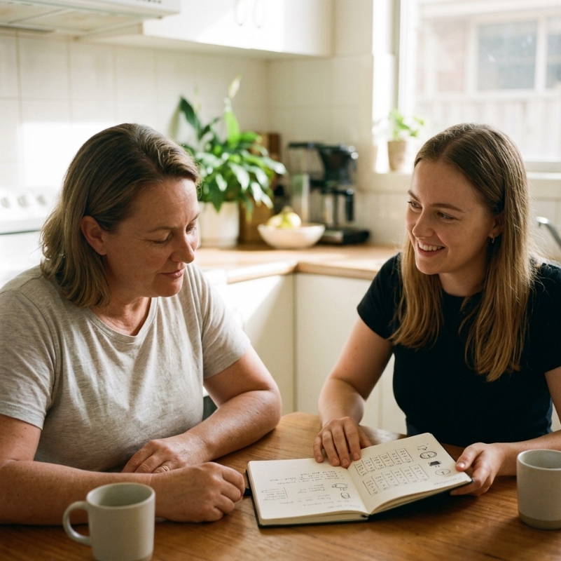 Two women reviewing notes at kitchen table during NDIS Sydney support planning discussion in bright home setting