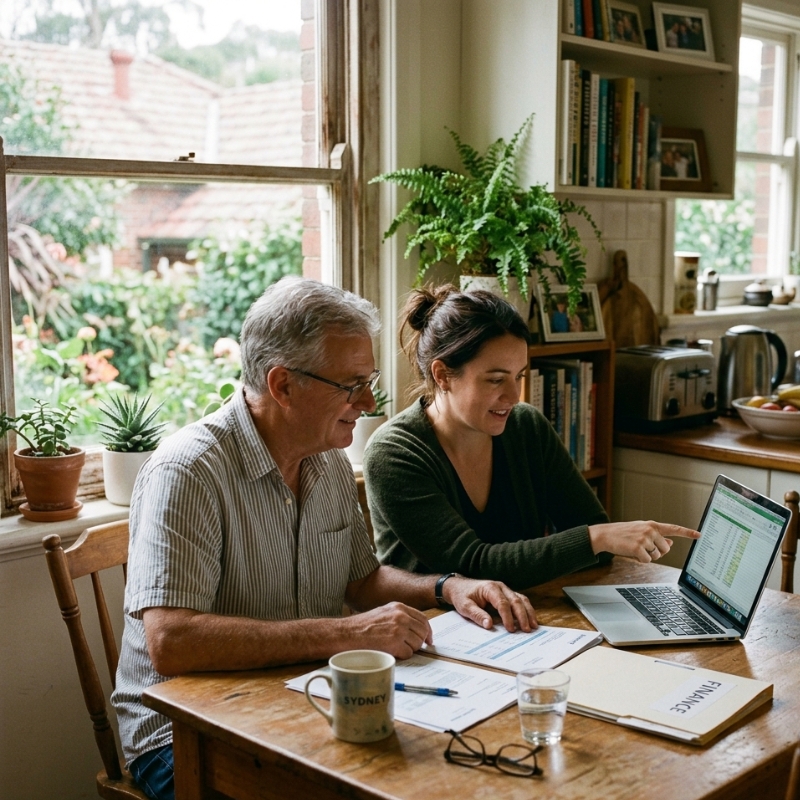 Man and woman reviewing documents on laptop at kitchen table during disability support planning session at home