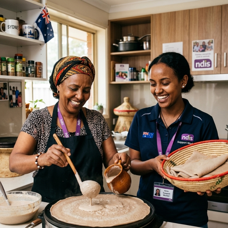 African-Australian NDIS participant making injera with culturally matched support worker in Sydney kitchen.