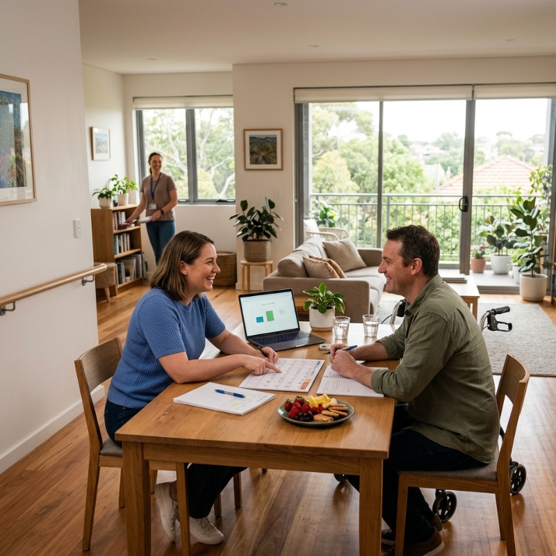 NDIS support worker meeting with a participant and family member in a bright home setting in Petersham.