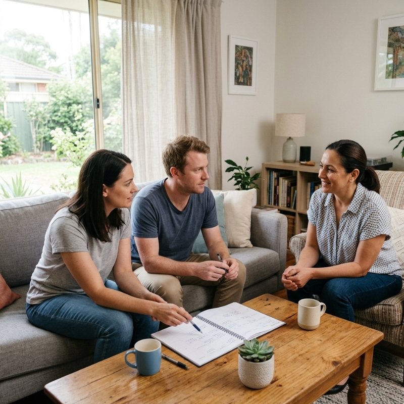 NDIS shared living house meeting in a Sydney home with a weekly planner and supportive routine planning.
