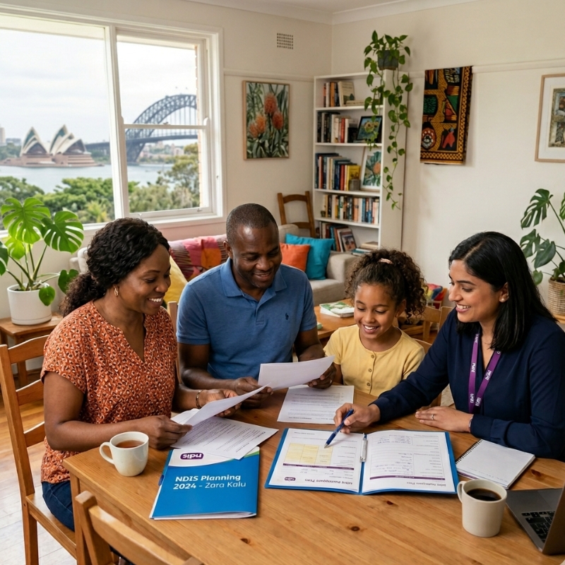 African-Australian family discussing NDIS plan with culturally aware support worker in Sydney living room