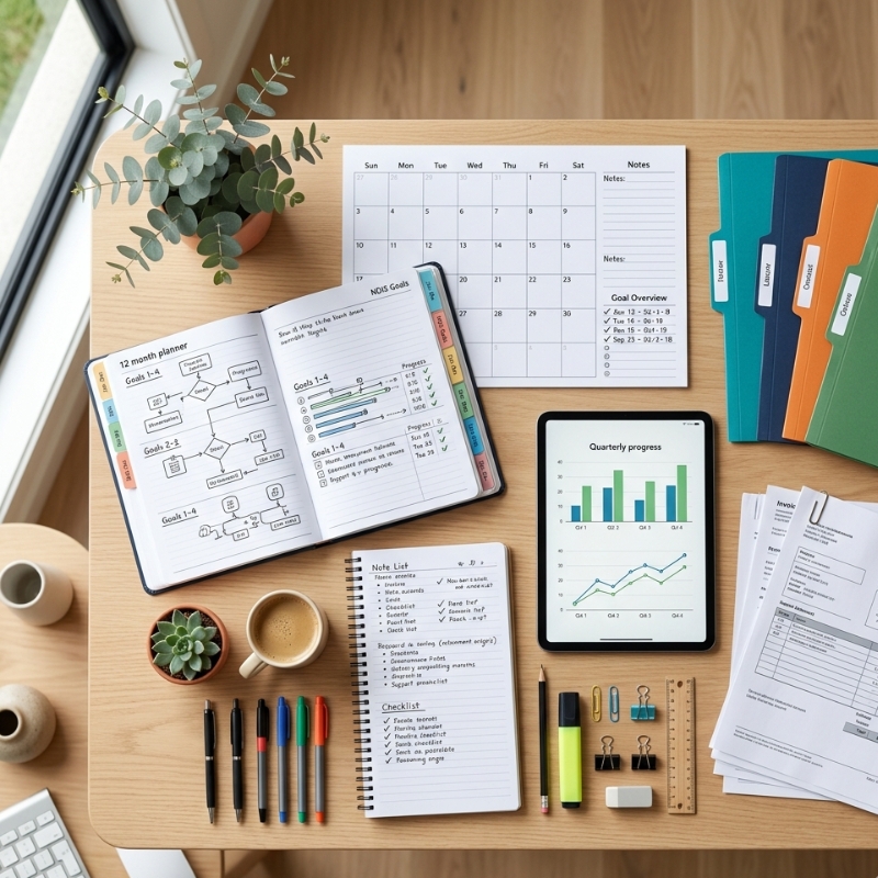 Organised planner, calendar and support documents representing NDIS goal setting and progress tracking during the first year