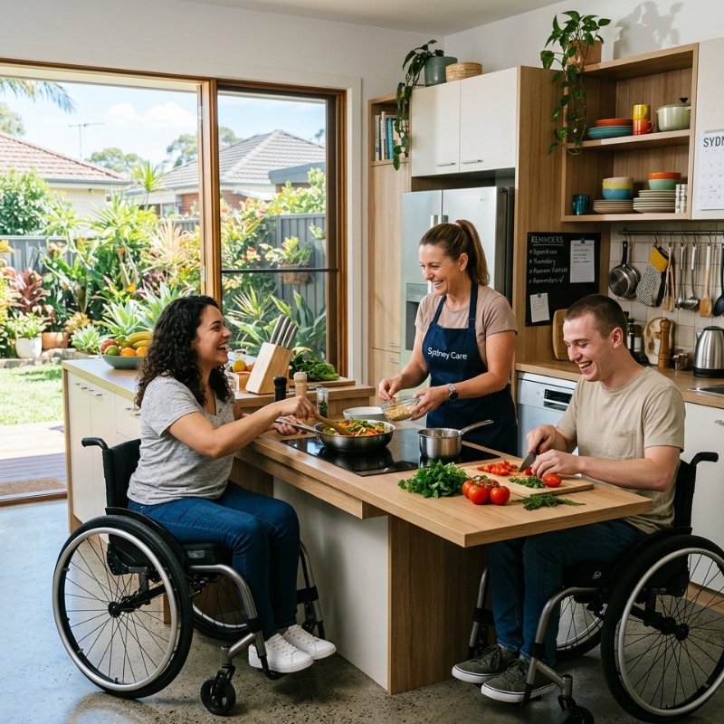 Two wheelchair users and a support worker cooking in a modern Sydney share-house kitchen.