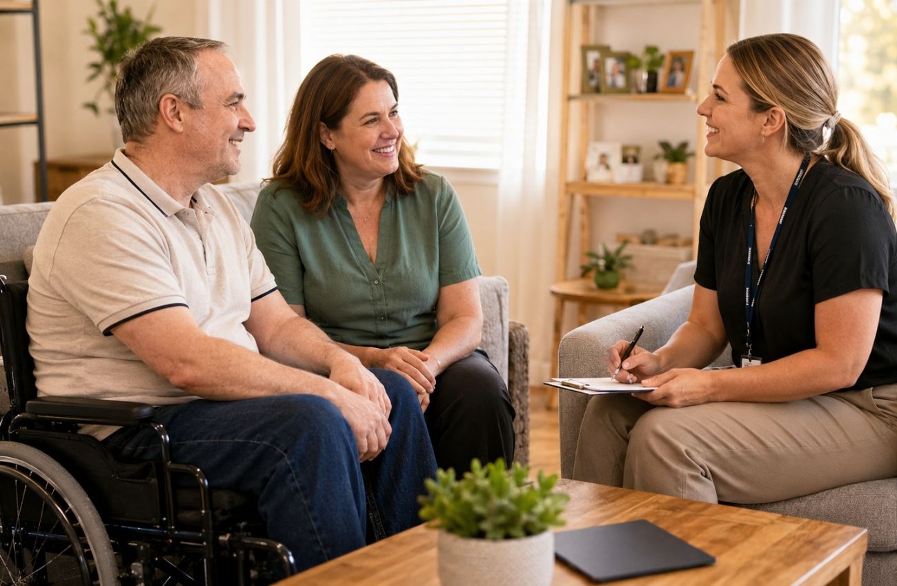 A participant and family member talking with a friendly Abundance Healthcare Group support coordinator